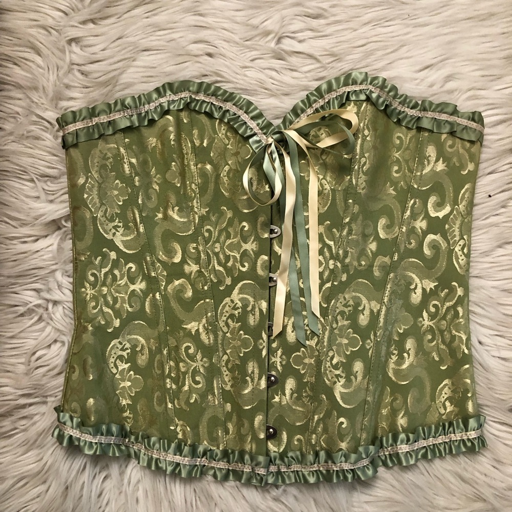 Green Damask Jacquard Floral Paisley Satin Ribbon Bustier Corset Top size XL